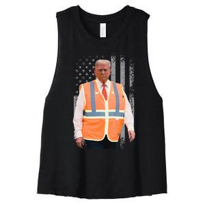 President Trump Garbage Truck Worker Vest Usa Flag Maga 2025 Women's Racerback Cropped Tank