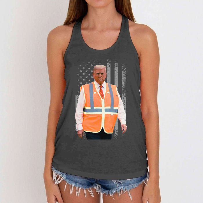 President Trump Garbage Truck Worker Vest Usa Flag Maga 2025 Women's Knotted Racerback Tank