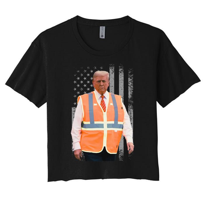 President Trump Garbage Truck Worker Vest Usa Flag Maga 2025 Women's Crop Top Tee