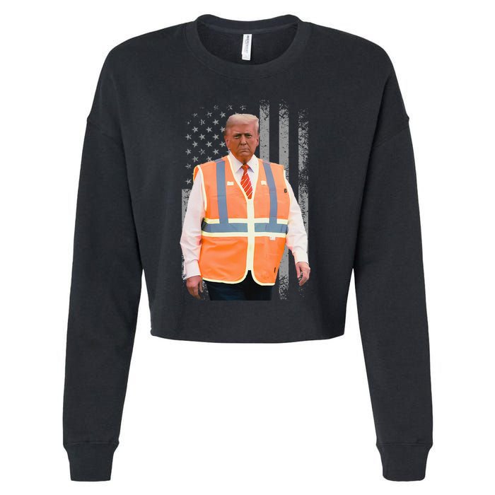 President Trump Garbage Truck Worker Vest Usa Flag Maga 2025 Cropped Pullover Crew