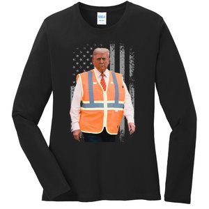 President Trump Garbage Truck Worker Vest Usa Flag Maga 2025 Ladies Long Sleeve Shirt