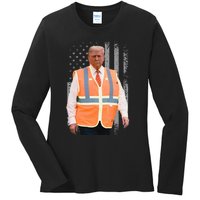 President Trump Garbage Truck Worker Vest Usa Flag Maga 2025 Ladies Long Sleeve Shirt