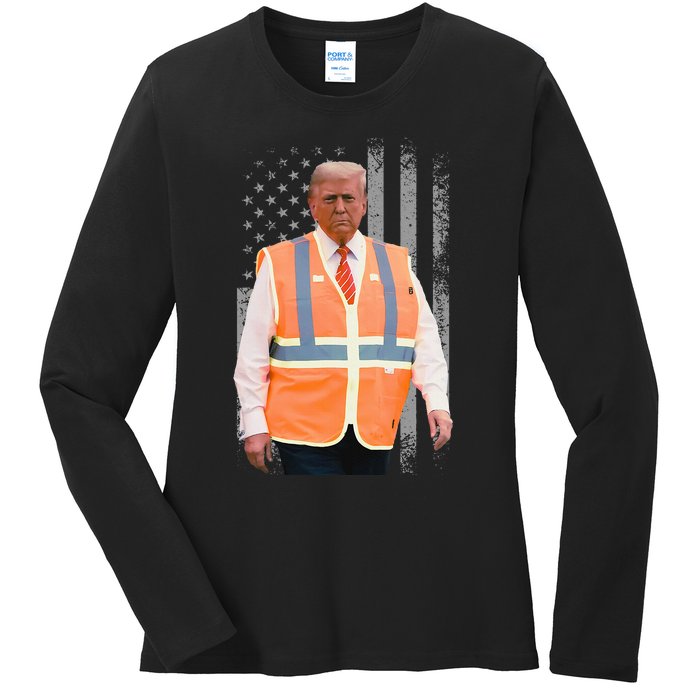 President Trump Garbage Truck Worker Vest Usa Flag Maga 2025 Ladies Long Sleeve Shirt