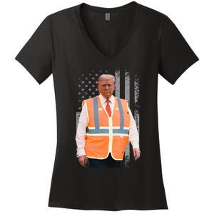 President Trump Garbage Truck Worker Vest Usa Flag Maga 2025 Women's V-Neck T-Shirt