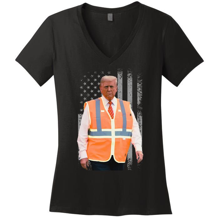 President Trump Garbage Truck Worker Vest Usa Flag Maga 2025 Women's V-Neck T-Shirt