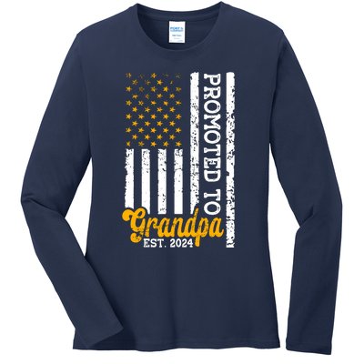 Promoted To Grandpa Est 2024 First Time Grandpa Patriotic Ladies Long Sleeve Shirt