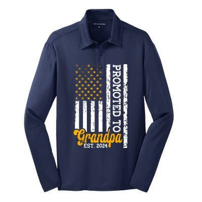 Promoted To Grandpa Est 2024 First Time Grandpa Patriotic Silk Touch Performance Long Sleeve Polo