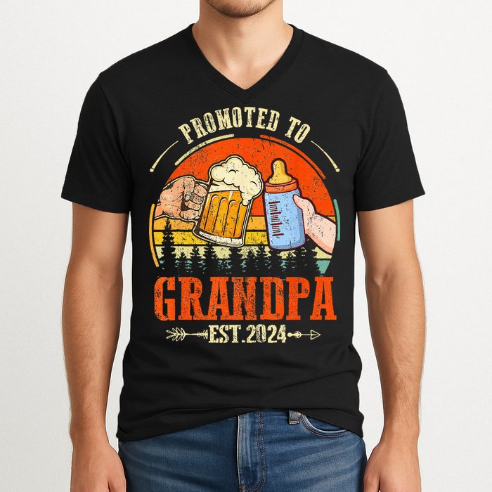 Promoted to Grandpa Est 2024 Retro Fathers Day New Grandpa V-Neck T-Shirt