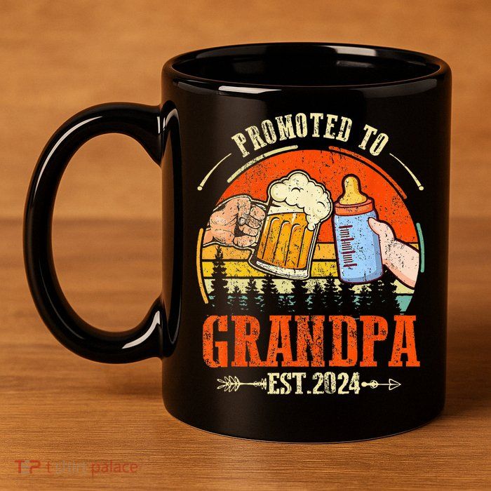 Promoted to Grandpa Est 2024 Retro Fathers Day New Grandpa 11oz C Handle Ceramic Mug