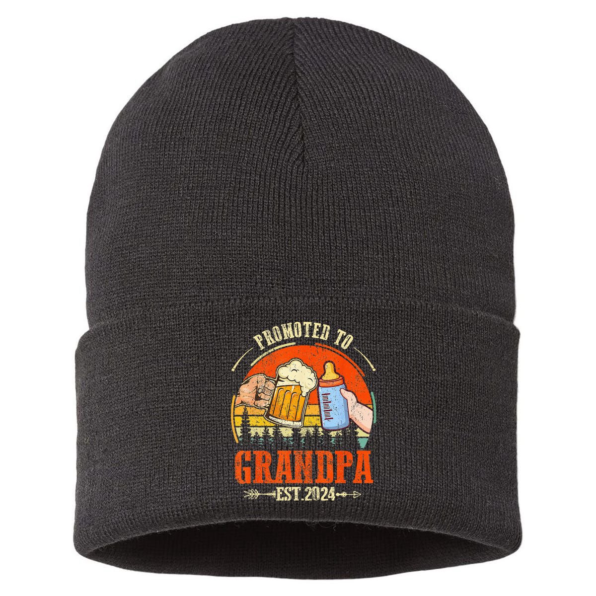Promoted to Grandpa Est 2024 Retro Fathers Day New Grandpa Sustainable Knit Beanie