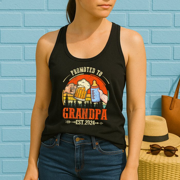 Promoted to Grandpa Est 2024 Retro Fathers Day New Grandpa Womens Tank Top