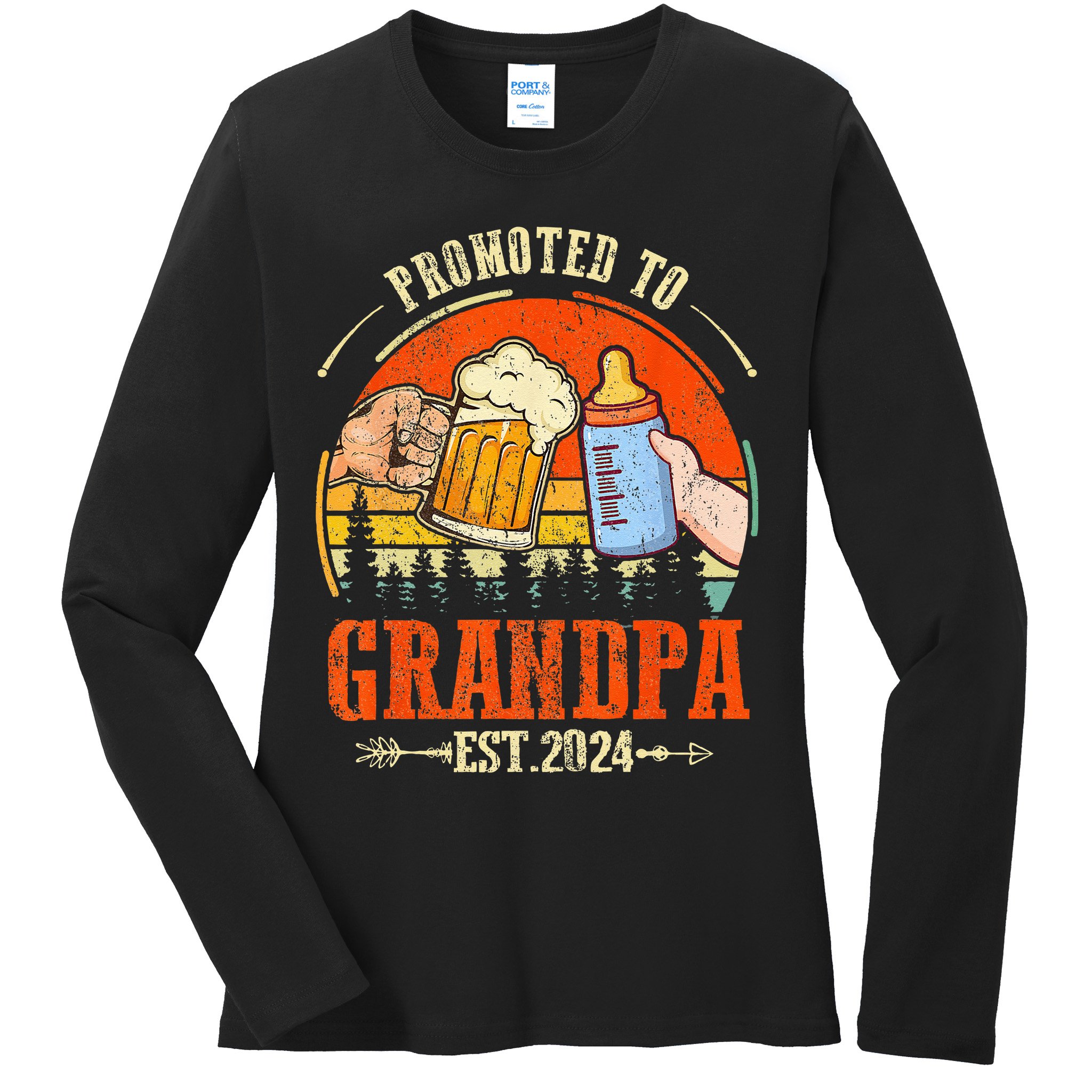 Promoted to Grandpa Est 2024 Retro Fathers Day New Grandpa Ladies Long Sleeve Shirt