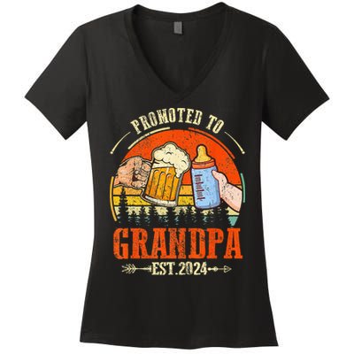 Promoted to Grandpa Est 2024 Retro Fathers Day New Grandpa Women's V-Neck T-Shirt