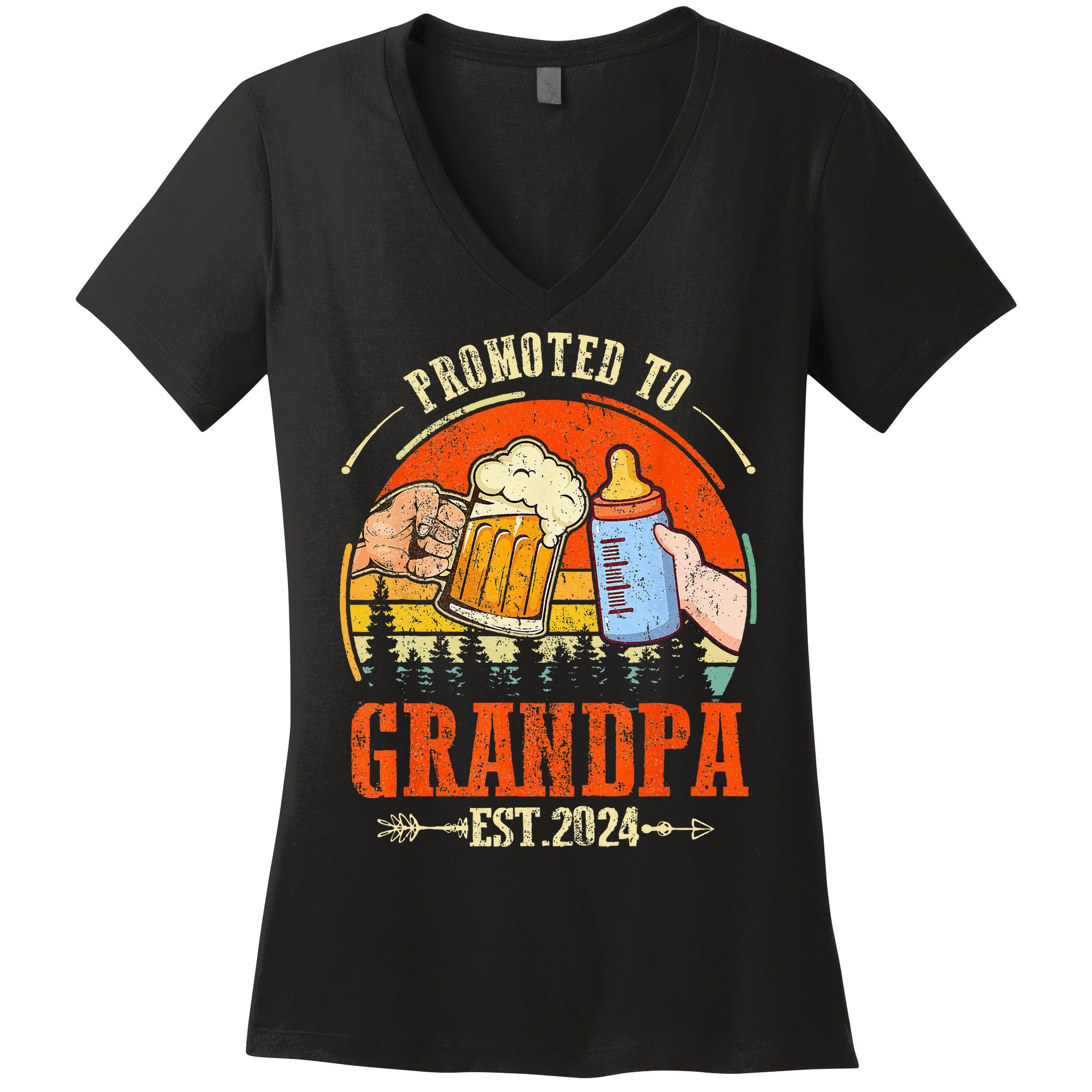 Promoted to Grandpa Est 2024 Retro Fathers Day New Grandpa Women's V-Neck T-Shirt