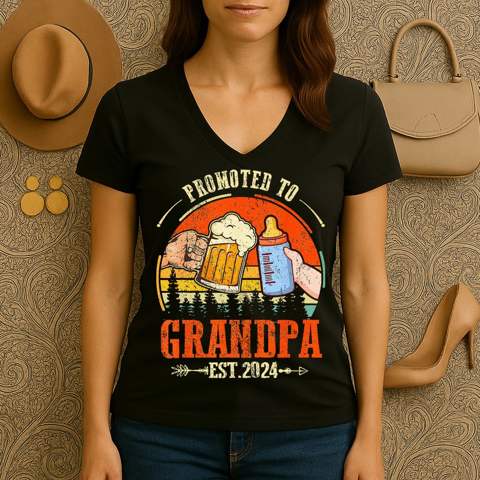 Promoted to Grandpa Est 2024 Retro Fathers Day New Grandpa Women's V-Neck T-Shirt
