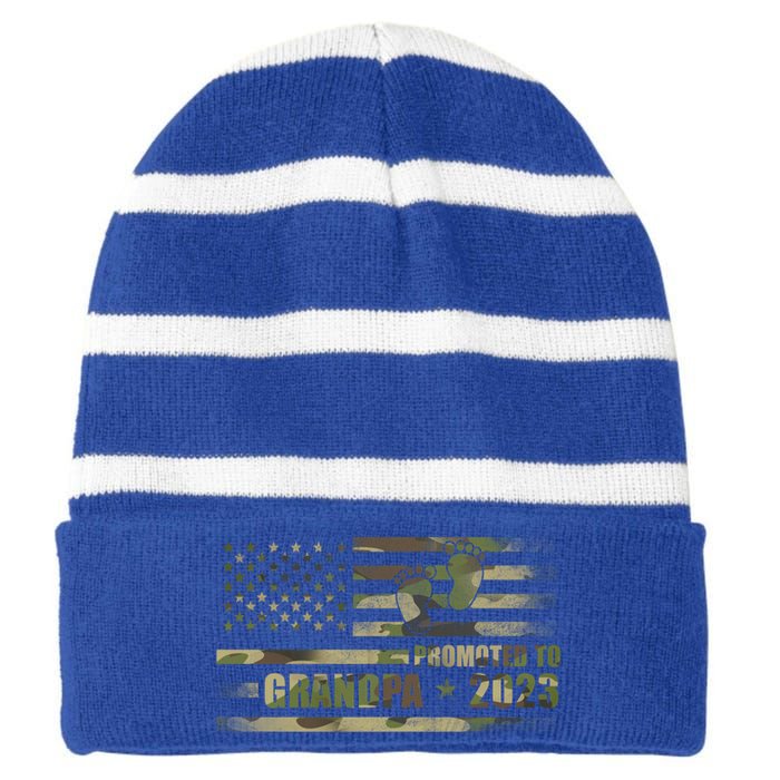 Promoted To Grandpa Est 2023 First Time Grandpa Flag Camo Gift Striped Beanie with Solid Band