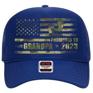 Promoted To Grandpa Est 2023 First Time Grandpa Flag Camo Gift High Crown Mesh Back Trucker Hat