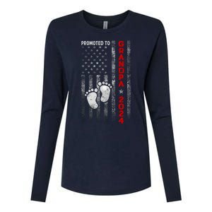 Promoted To Grandpa 2024 American Flag New Papa Patriotic Womens Cotton Relaxed Long Sleeve T-Shirt