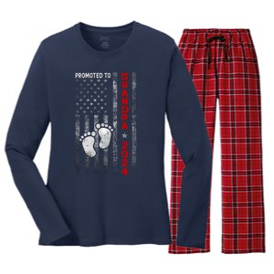 Promoted To Grandpa 2024 American Flag New Papa Patriotic Women's Long Sleeve Flannel Pajama Set 