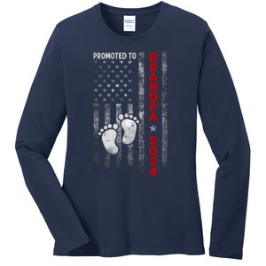 Promoted To Grandpa 2024 American Flag New Papa Patriotic Ladies Long Sleeve Shirt