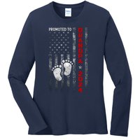 Promoted To Grandpa 2024 American Flag New Papa Patriotic Ladies Long Sleeve Shirt