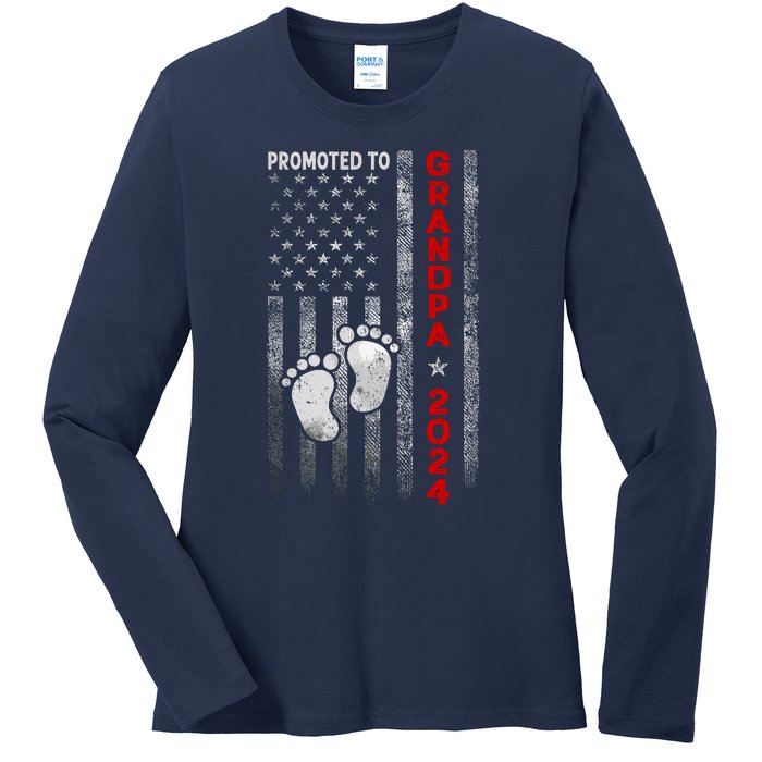 Promoted To Grandpa 2024 American Flag New Papa Patriotic Ladies Long Sleeve Shirt