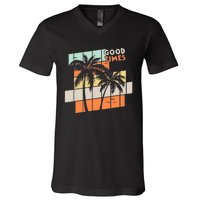 Palm Trees Good Times Retro Palm Trees Beach Summer V-Neck T-Shirt