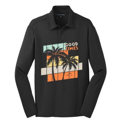 Palm Trees Good Times Retro Palm Trees Beach Summer Silk Touch Performance Long Sleeve Polo