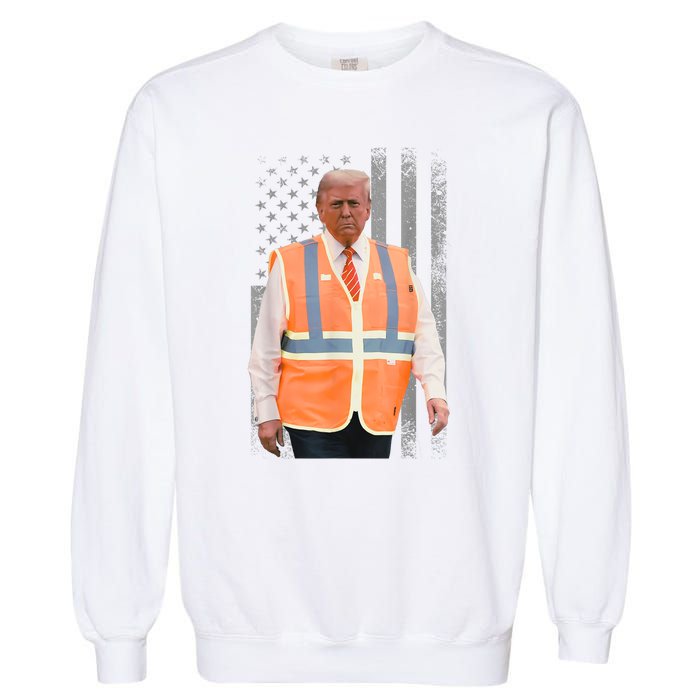 President Trump Garbage Truck Worker Vest Usa Flag Maga 2025 Garment-Dyed Sweatshirt