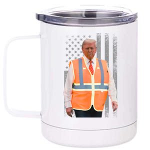 President Trump Garbage Truck Worker Vest Usa Flag Maga 2025 12 oz Stainless Steel Tumbler Cup