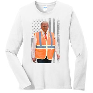 President Trump Garbage Truck Worker Vest Usa Flag Maga 2025 Ladies Long Sleeve Shirt