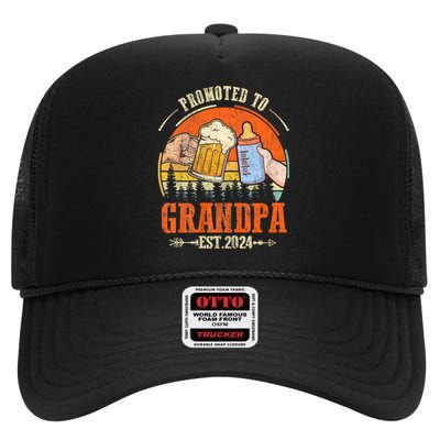 Promoted To Grandpa Est 2024 Retro Fathers Day New Grandpa High Crown Mesh Back Trucker Hat