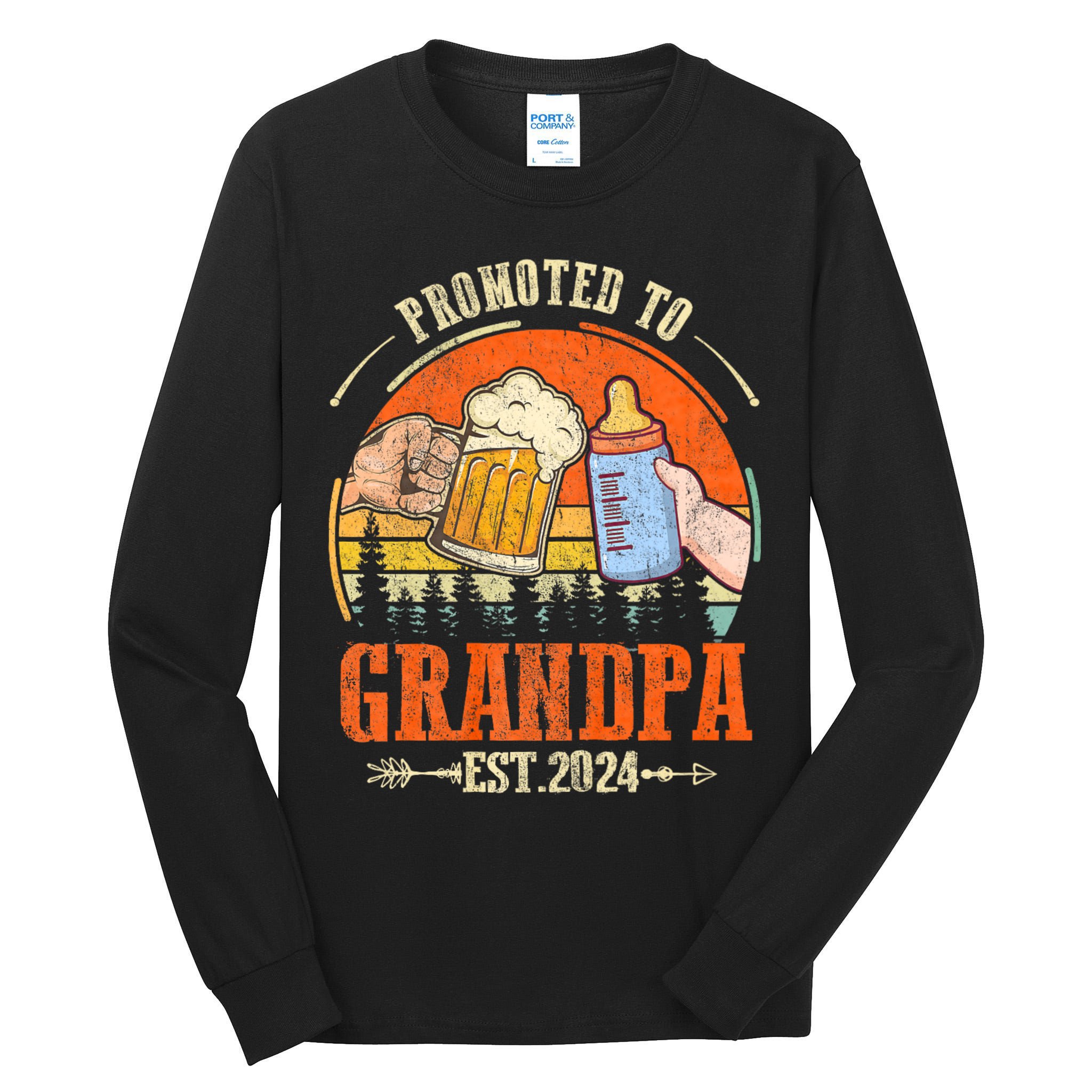 Promoted To Grandpa Est 2024 Retro Fathers Day New Grandpa Tall Long Sleeve T-Shirt