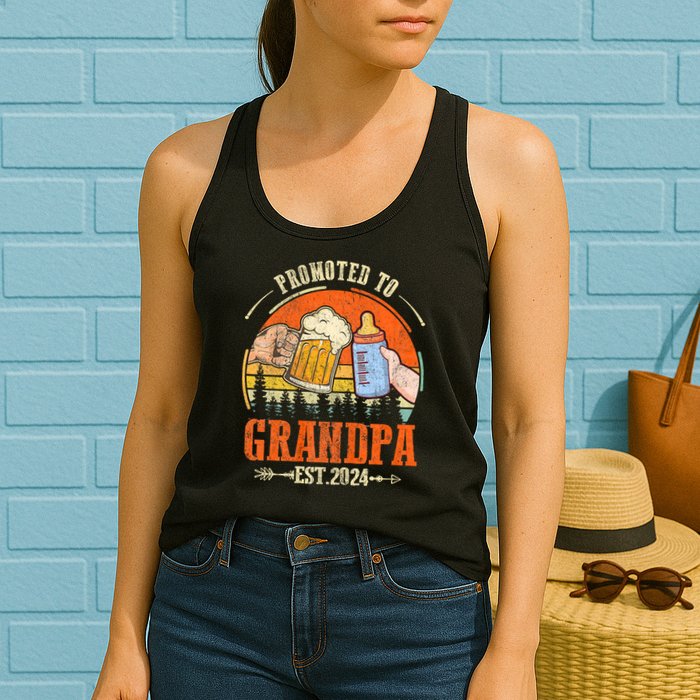 Promoted To Grandpa Est 2024 Retro Fathers Day New Grandpa Womens Tank Top