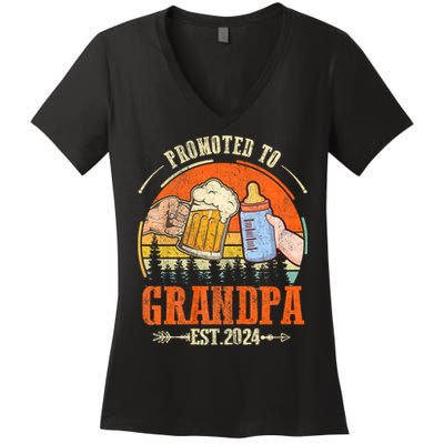 Promoted To Grandpa Est 2024 Retro Fathers Day New Grandpa Women's V-Neck T-Shirt