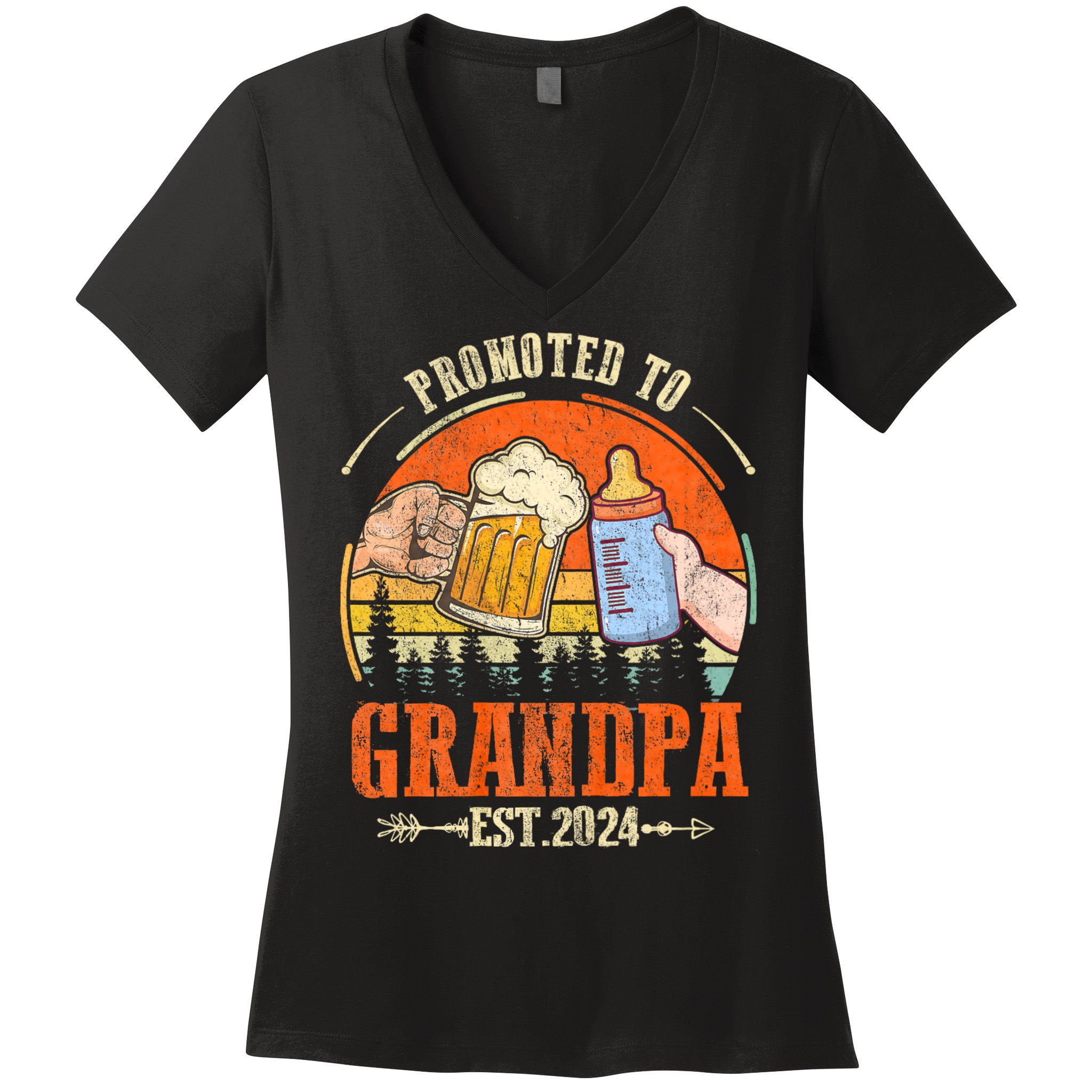 Promoted To Grandpa Est 2024 Retro Fathers Day New Grandpa Women's V-Neck T-Shirt