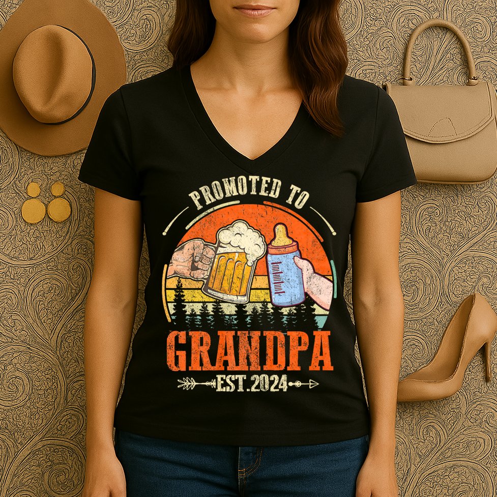 Promoted To Grandpa Est 2024 Retro Fathers Day New Grandpa Women's V-Neck T-Shirt