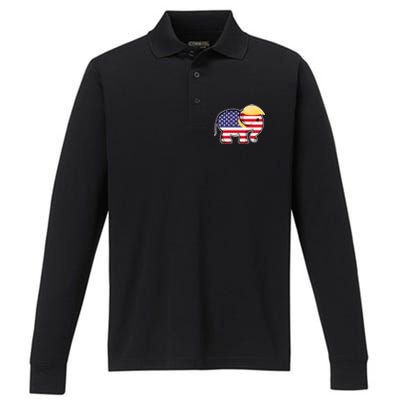 Pro Trump Hair Elephant Red White Blue Flag Republican Gift Performance Long Sleeve Polo