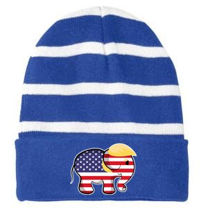 Pro Trump Hair Elephant Red White Blue Flag Republican Gift Striped Beanie with Solid Band