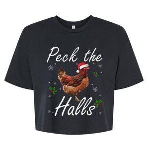 Peck The Halls Christmas Chicken Santa Hat Lights Snowflakes Bella+Canvas Jersey Crop Tee