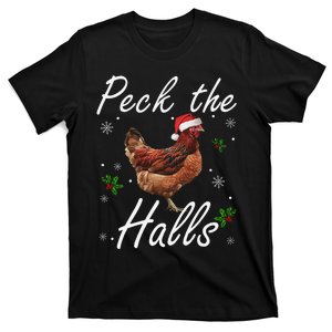 Peck The Halls Christmas Chicken Santa Hat Lights Snowflakes T-Shirt