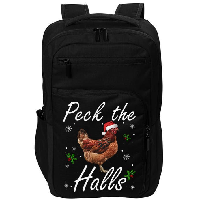 Peck The Halls Christmas Chicken Santa Hat Lights Snowflakes Impact Tech Backpack