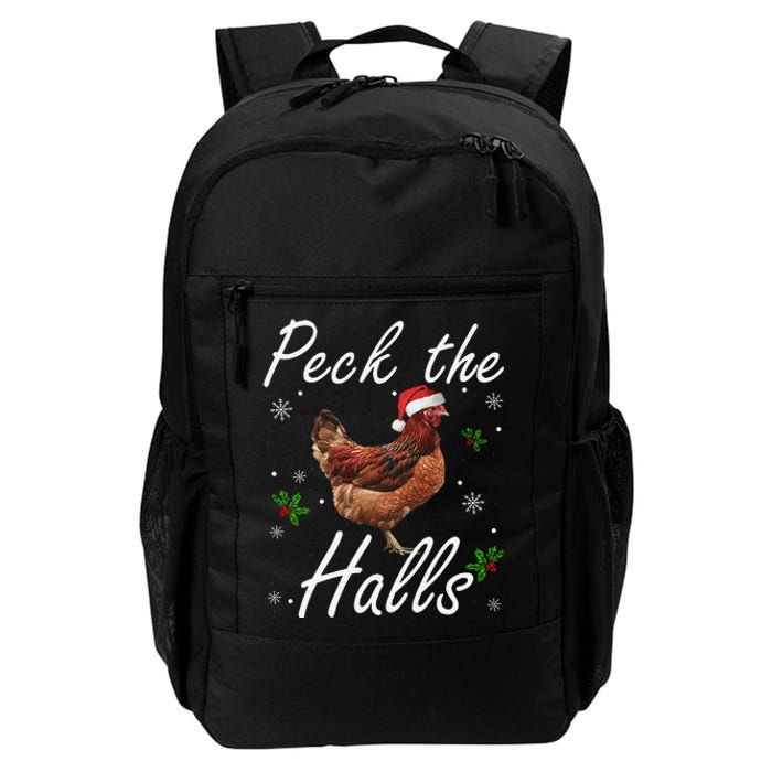 Peck The Halls Christmas Chicken Santa Hat Lights Snowflakes Daily Commute Backpack