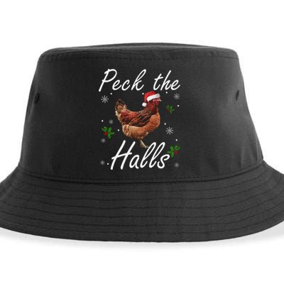 Peck The Halls Christmas Chicken Santa Hat Lights Snowflakes Sustainable Bucket Hat