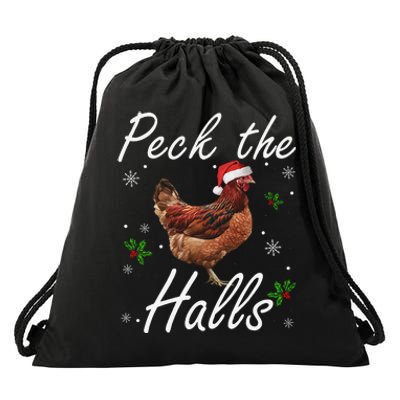 Peck The Halls Christmas Chicken Santa Hat Lights Snowflakes Drawstring Bag