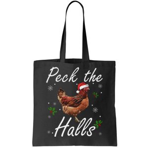 Peck The Halls Christmas Chicken Santa Hat Lights Snowflakes Tote Bag