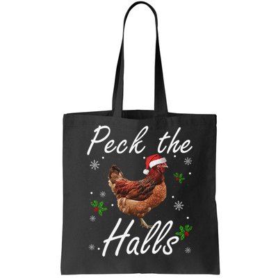 Peck The Halls Christmas Chicken Santa Hat Lights Snowflakes Tote Bag