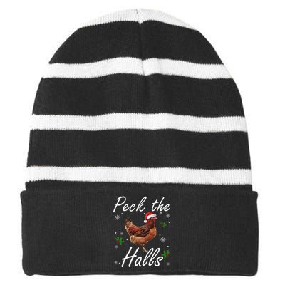 Peck The Halls Christmas Chicken Santa Hat Lights Snowflakes Striped Beanie with Solid Band