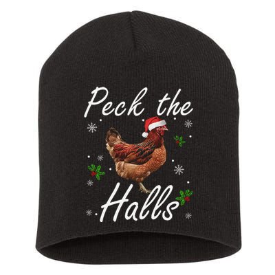 Peck The Halls Christmas Chicken Santa Hat Lights Snowflakes Short Acrylic Beanie