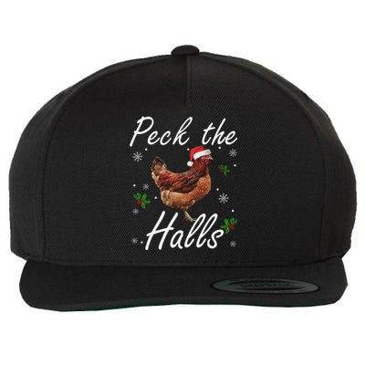 Peck The Halls Christmas Chicken Santa Hat Lights Snowflakes Wool Snapback Cap